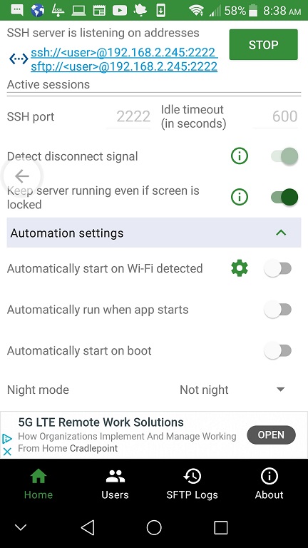 SSH server has been started